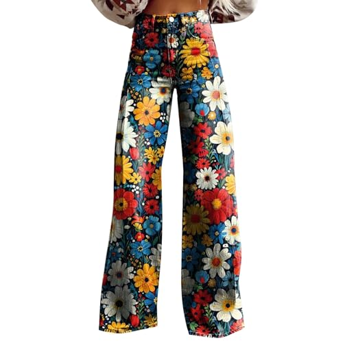 Jeans Damen Hohe Taille Schlaghose Breites Bein Jeans High Waist Jeans mit Knöpfen Breite Denim Hose mit weitem Bein Jeans mit Strass, blau, S Jeans Damen Hohe Taille Schlaghose Breites Bein Jeans High Waist Jeans mit Knöpfen Breite Denim Hose mit weitem Bein Jeans mit Strass, blau, S von Keerlonno
