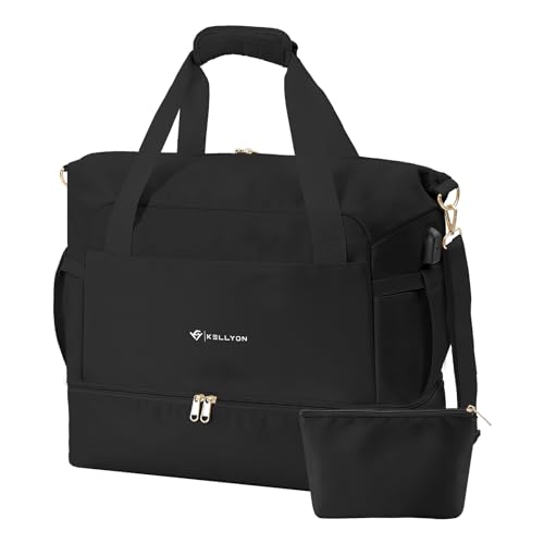 Kellyon Reisetasche für Damen, Wochenendtasche mit Schuhfach, Übernachtungstaschen mit USB-Ladeanschluss, wasserdichte Sporttasche, Handgepäck, Seesack, Schwarz, Schwarz, Reisetasche von Kellyon