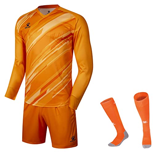 KELME Fußball-Torwarttrikot Pro Set Uniform – gepolstertes Torwart-Shirt, Shorts, Socken – Herren-Torwarttrikot für Erwachsene und Kinder, Orange/Abendrot im Zickzackmuster (Sunset Chevron), Mittel von Kelme