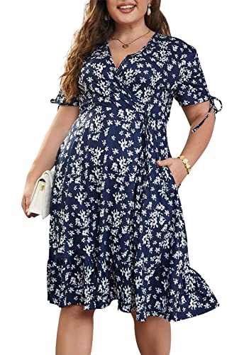 Keluummi Übergröße Hochzeitsgästekleider für kurvige Frauen, Sommer, lässiges Boho-Midikleid, V-Ausschnitt, kurzärmelig mit Tasche, 01 - Marineblau mit Blumenmuster, 52 Mehr von Keluummi