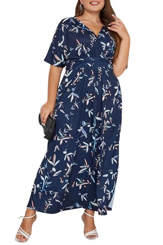 Keluummi Plus Size Frauen 2023 Sommer Casual Boho Floral Flatterärmel Empire Taille V-Ausschnitt Wrap Maxikleid mit Tasche, 02 - Marineblau Floral, 50 Mehr von Keluummi