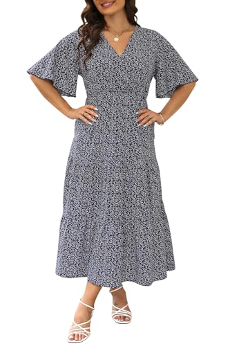 Keluummi Übergröße Hochzeitsgästekleid für kurvige Frauen, Sommer, lässiges Boho-Maxikleid, 3/4-Ärmel, Empire-Taille mit Tasche, 01 - Marineblau, Weiß, Blumenmuster, 52 Mehr von Keluummi