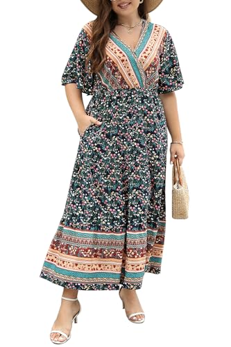 Keluummi Plus Size Frauen Sommer Casual Boho Floral 3/4 Ärmel Empire-Taille gestuftes Midikleid Hochzeitsgäste Kleid mit Tasche, 13 - Marineblau mit Blumenmuster, 54 Mehr von Keluummi