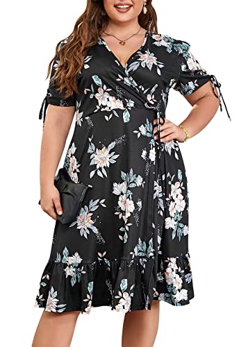 Keluummi Übergröße Hochzeitsgästekleider für kurvige Frauen, Sommer, lässiges Boho-Midikleid, V-Ausschnitt, kurzärmelig mit Tasche, 05 - Black Floral, 50 Mehr von Keluummi