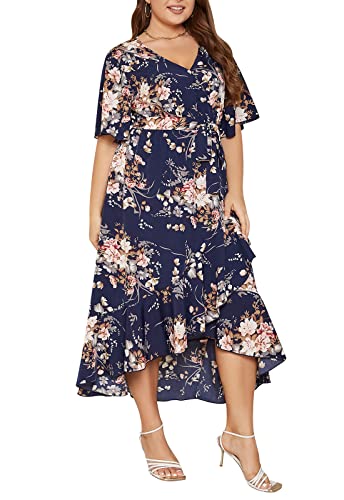 Keluummi Übergröße Damen 2023 Frühling Boho Floral Gestuftes Maxi Hochzeit Gäste Kleid Party Kleid mit Tasche Kurzarm V-Ausschnitt, Marineblaues Blumenmuster 2, 56 Mehr von Keluummi