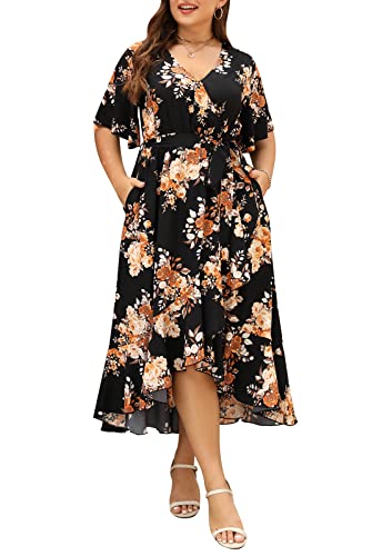 Keluummi Übergröße Damen 2023 Frühling Boho Floral Gestuftes Maxi Hochzeit Gäste Kleid Party Kleid mit Tasche Kurzarm V-Ausschnitt, Schwarz, floral, 56 Mehr von Keluummi