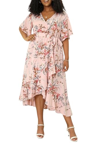 Keluummi Übergröße Hochzeitsgästekleid für kurvige Frauen, Sommer, lässig, Boho, Blumenmuster, Maxi-Wickelkleid, Empire-Taille mit Tasche, 01 - Pink Floral, 56 Mehr von Keluummi