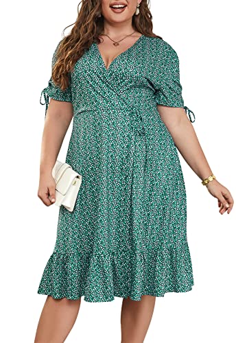 Keluummi Übergröße Hochzeitsgästekleider für kurvige Frauen, Sommer, lässiges Boho-Midikleid, V-Ausschnitt, kurzärmelig mit Tasche, 04 - Green Dot, 56 Mehr von Keluummi