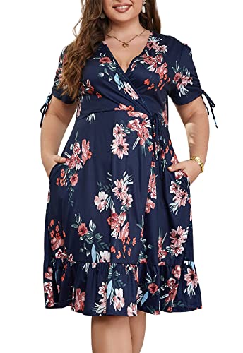 Übergröße Damen Sommer Blumen Kirche Midi A Linie Kleid mit Tasche Kurzarm V-Ausschnitt, Marineblaues Blumenmuster 1, 46 Mehr von Keluummi