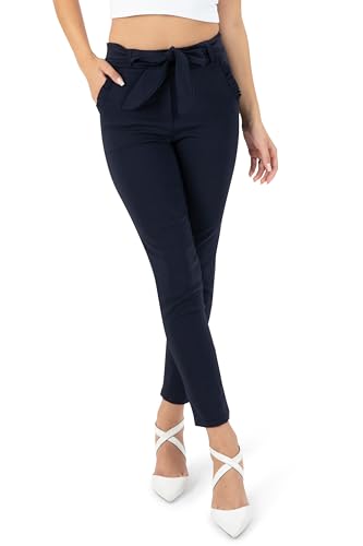 Kendindza Damen Stretch Hose Damen Hosen elegant mit Schleife High Waist Hose Damen Stoffhose Damen elegant Business Hose Damen Lang Schlupfhose Blau XXL von Kendindza Collection