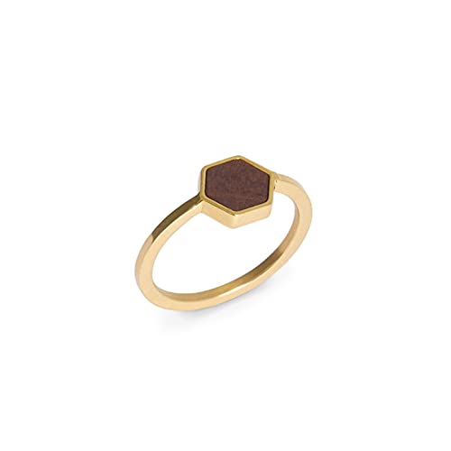 Kerbholz - Holzschmuck Damen - Hexa Ring Gold - dünner Damen Schmuck Ring in gold - Edelstahlring mit echtem Holz - Schmuck Geschenk für Frauen(Gold, S) von Kerbholz