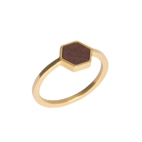 Kerbholz - Holzschmuck Damen - Hexa Ring Gold - dünner Damen Schmuck Ring in gold - Edelstahlring mit echtem Holz - Schmuck Geschenk für Frauen(Gold, XS) von Kerbholz