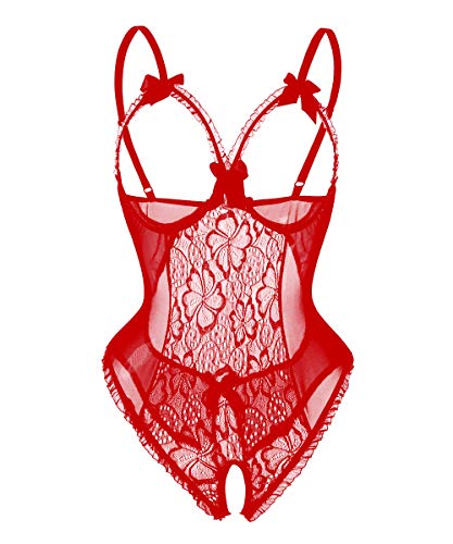 Keven Damen Oberteil Lingerie Transparent Reizwäsche Bodysuit Nachtwäsche (3XL, R-Rot) von Keven