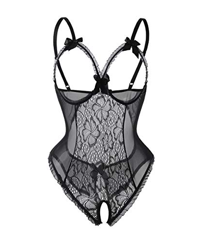 Keven Damen Oberteil Lingerie Transparent Reizwäsche Bodysuit Nachtwäsche (XL, B-schwarz) von Keven