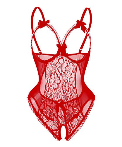 Keven Damen Oberteil Lingerie Transparent Reizwäsche Bodysuit Nachtwäsche (XXL, R-Rot) von Keven