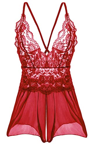 Keven Damen Spitze Negligee V-Ausschnitt Rückenfrei Dessous Set Reizwäsche Nachtwäsche (Rot, L) von Keven