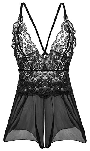 Keven Damen Spitze Negligee V-Ausschnitt Rückenfrei Dessous Set Reizwäsche Nachtwäsche (Schwarz, L) von Keven