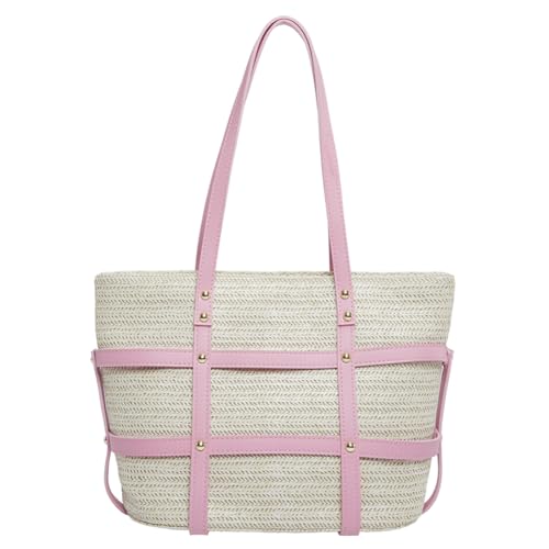 Kexpery Damen-Boho-Umhängetasche, PU-Patchwork, Häkel-Strandtasche, großes Fassungsvermögen, Web-Reisetasche, Damen-Sommer-Tagestasche (Rosa) von Kexpery