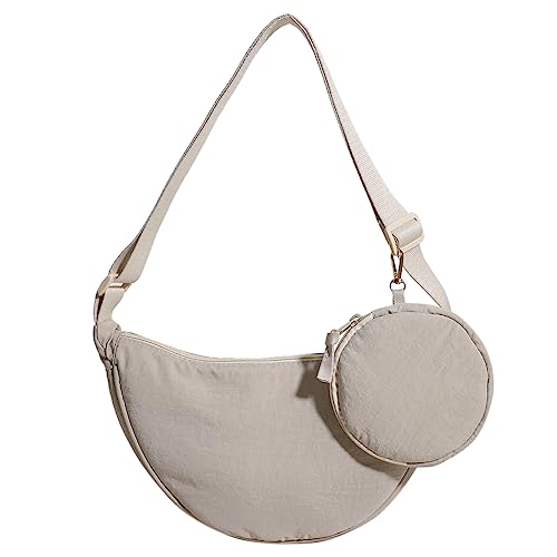 Kexpery Damen-Halbmondtasche mit Münzfach, verstellbarer Riemen, einfarbig, Achsel-Geldbörse, weiches Nylon, lässige Tasche for weibliche Mädchen (Beige) von Kexpery