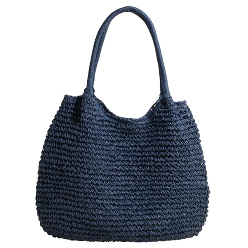 Kexpery Damen-Handtasche, gehäkelt, Strand, großes Fassungsvermögen, Retro-Stroh, einfarbig, einfaches Weben, für den Sommer, blau, 18.5*14.57*0.79inch von Kexpery