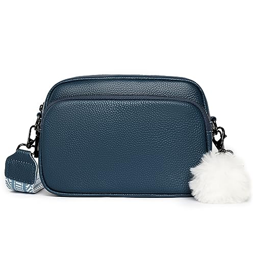 Kexpery Damen-Handtasche, klassische Handtasche, großes Fassungsvermögen, Reißverschluss, Umhängetasche, echtes Leder, breiter verstellbarer Riemen, Pendler-Geldbörse mit Anhänger (blau) von Kexpery