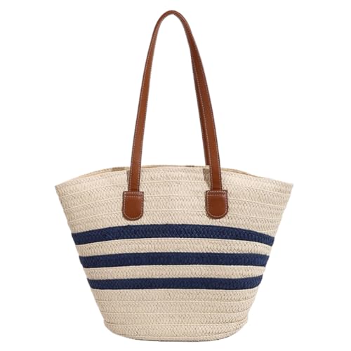 Kexpery Damen-Reisetasche, gehäkelt, Strand, Farbkontrast, gewebt, großes Fassungsvermögen, gestreift, Stroh, für den Sommer, blau, 440.00*300.00*140.00mm/17.32*11.81*5.51inch von Kexpery