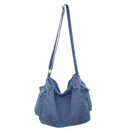 Kexpery Damen Retro-Tragetasche, große Kapazität, Denim-Umhängetasche, Riemen, verstellbar, Umhängetasche, Vintage-Kuriertasche, lässige Shopper-Tasche (Hellblau) von Kexpery