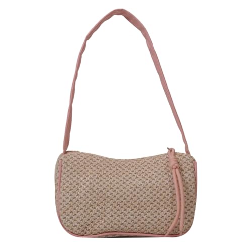 Kexpery Damen Strohtasche mit Reißverschluss, Unterarmtasche, großes Fassungsvermögen, handgewebt, Schultertasche, passend für Reisen, Strand, Urlaub, rose, 220.00x120.00x80.00mm/8.66x4.72x3.15inch von Kexpery