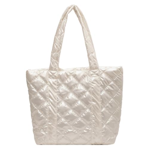 Kexpery Damen-Tasche mit Diamantgitter, großes Fassungsvermögen, gepolsterte Tasche mit Griff oben, weich, leicht, metallische Farbe, Mädchen-Freizeit-Wintertasche (Beige) von Kexpery