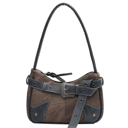 Kexpery Damen Vintage Unterarmtasche Reißverschluss Nieten Gürtel Mode Schultertasche Große Kapazität Cool Style Hobo Tasche für Outdoor Reisen, coffee, 9.06*6.3*3.15inch von Kexpery