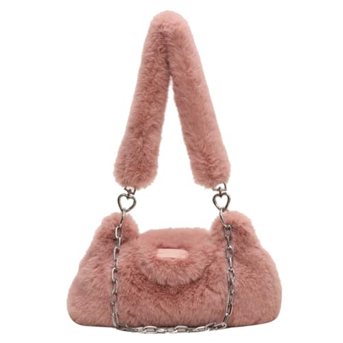 Kexpery Einfarbige große Kette, Plüsch-Unterarmtasche, großes Fassungsvermögen, Kunstfell, Achseltasche, weich, flauschige Damen-Schultertasche für Herbst und Winter, rose, 28*7*13 von Kexpery