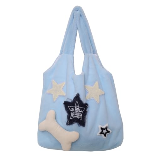 Kexpery Flauschige Schultertasche mit Sternen, große Kapazität, Plüsch-Tragetasche, weich, für Damen, pelzig, Einkaufstasche für Herbst und Winter, blau, 350.00x340.00x110.00mm/13.78x13.39x4.33inch von Kexpery