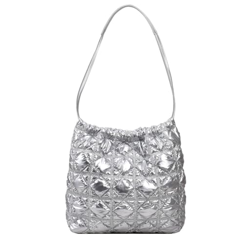 Kexpery Gesteppte Beuteltasche für Damen, große Kapazität, Puffer-Tragetasche, Kordelzug, gepolsterte Umhängetasche, Crossbody-Tasche, Mädchen, stilvolle Tasche, silber, von Kexpery