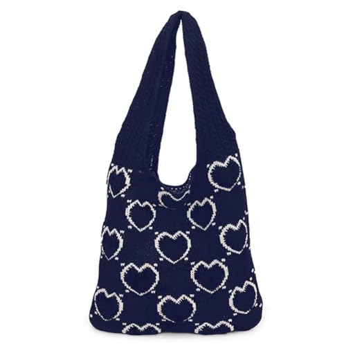 Kexpery Gewebte Schultertasche mit großem Fassungsvermögen, Herzmuster, vielseitige Strick-Einkaufstasche, gehäkelte Umhängetasche, lässige Pendlertasche, marineblau, 36*32*10cm/14.04*12.48*3.9inch von Kexpery