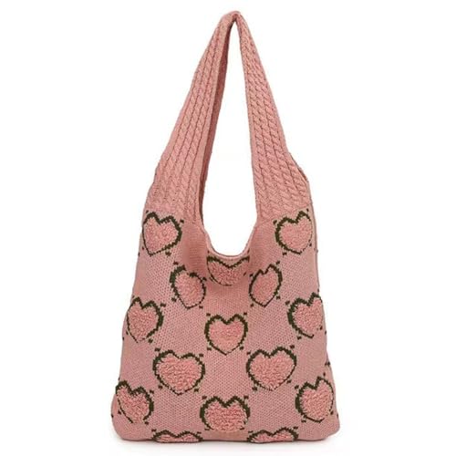 Kexpery Gewebte Schultertasche mit großem Fassungsvermögen, Herzmuster, vielseitige Strick-Einkaufstasche, gehäkelte Umhängetasche, lässige Pendlertasche, rose, 36*32*10cm/14.04*12.48*3.9inch von Kexpery