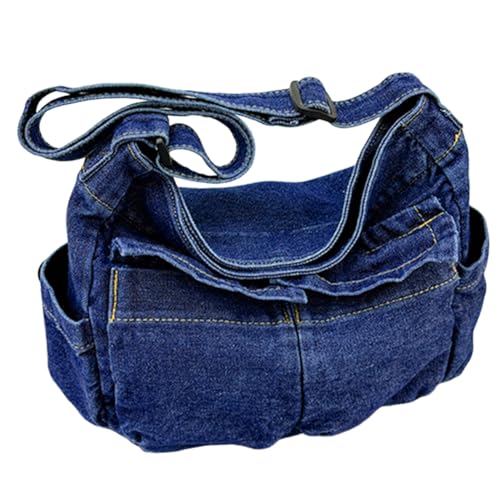 Kexpery Große Kapazität Denim Vintage Messenger Bag Verstellbarer Riemen Trendige Tragetasche Damen Stilvolle Umhängetasche Multifunktions-Retro-Schultertasche (Dunkelblau) von Kexpery