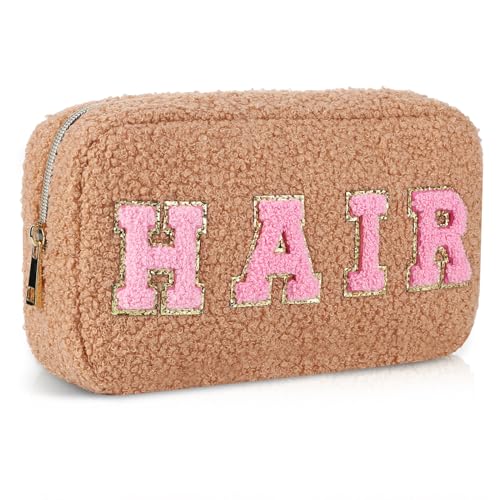 Kexpery Make-up-Organizer, Aufbewahrungstasche, Geschenk, adrette, flauschige Kosmetik-Aufbewahrungstasche, Chenille-Buchstabe, flauschig, Kulturbeutel für Damen und Mädchen, camel, von Kexpery