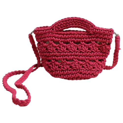 Kexpery Niedliche, ästhetische Schultertasche aus gehäkelter Baumwolle, gestrickte Urlaubs-Reisehandtasche, gewebte Umhängetasche, Urlaubstasche for Frauen und Mädchen (Rosenrot) von Kexpery