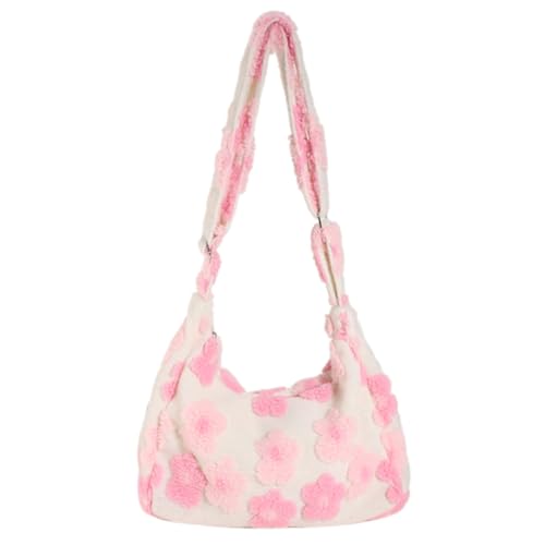 Kexpery Plüsch-Schultertasche mit Blumendruck, vielseitig, flauschige Hobo-Tasche, pelzige Clutch, Winter, Pendler, Damen, flauschige Tragetasche, rose, 310.00x250.00x90.00mm/12.2x9.84x3.54inch von Kexpery