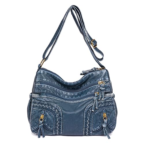 Kexpery Schultertasche mit großem Fassungsvermögen, gewaschenes Leder, Crossbody-Tasche, Damen, Retro-PU-Leder, vielseitig, verstellbarer Riemen, weibliche Pendlertasche, blau, von Kexpery