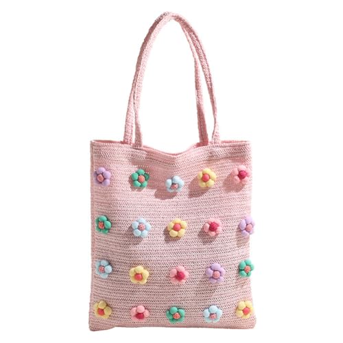 Kexpery Sweet Flower Stroh-Strandtasche, groß, handgewebt, lässige Tragetasche, Schultertasche, Urlaubs-Reisehandtasche for Frauen und Mädchen (Rosa) von Kexpery