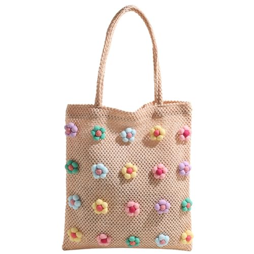 Kexpery Sweet Flower Stroh-Strandtasche, groß, handgewebt, lässige Tragetasche, Tasche mit Griff oben, Urlaubs-Reisehandtasche for Frauen und Mädchen (Beige) von Kexpery