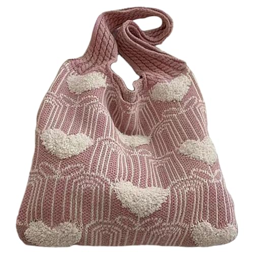 Kexpery Weiche Stricktasche für Damen, großes Fassungsvermögen, Herzmuster, gehäkelt, Schultertasche, vielseitige Strick-Einkaufstasche, lässig, Pendler, rose, 360.00x330.00mm/14.17x12.99inch von Kexpery