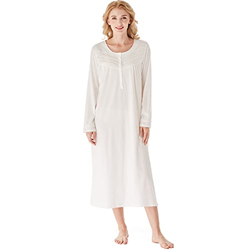 Keyocean Nachthemden für Frauen, weiche 100% Baumwoll-Strick-Nachthemden, bequeme langärmelige Damen-Nachtwäsche Kleid für Mama, Cream, Medium von Keyocean