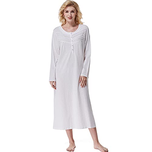Keyocean Nachthemden für Frauen, weiche 100% Baumwoll-Strick-Nachthemden, bequeme langärmelige Damen-Nachtwäsche Kleid für Mama, Lila Punkt, L von Keyocean