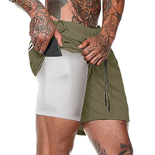 Herren Laufhose Kurz, 2-in-1 Aktiv Laufshorts Atmungsaktiv Innerer Kompressionsshorts mit Tasche Kordelzug Herren Deluxe Kurz Sporthose Trainingsshort,Armeegrün,XL von Kfnire