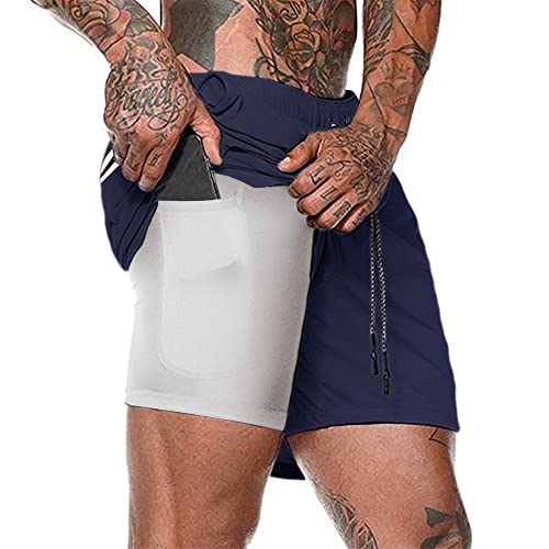 Herren Laufhose Kurz, 2-in-1 Aktiv Laufshorts Atmungsaktiv Innerer Kompressionsshorts mit Tasche Kordelzug Herren Deluxe Kurz Sporthose Trainingsshort,Navy Blau,XXL von Kfnire