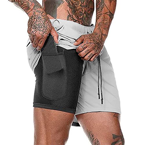 Herren Laufhose Kurz, 2-in-1 Aktiv Laufshorts Atmungsaktiv Innerer Kompressionsshorts mit Tasche Kordelzug Herren Deluxe Kurz Sporthose Trainingsshort,Silber-Grau,L von Kfnire