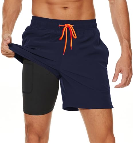 Kfnire Badehose Herren mit Kompression Liner Wasserabweisend Badehose für Herren Badeshorts Männer Schwimmhose 2 in 1 Atmungsaktiv Schnelltrocknend Badehosen mit Innenhose und Reißverschlusstaschen von Kfnire