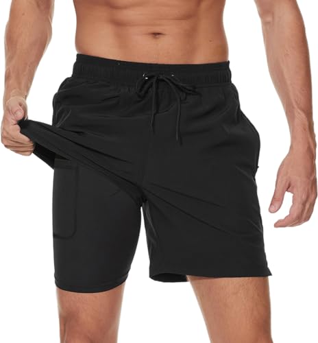 Kfnire Badehose Herren mit Kompression Liner Wasserabweisend Badehose für Herren Badeshorts Männer Schwimmhose 2 in 1 Atmungsaktiv Schnelltrocknend Badehosen mit Innenhose und Reißverschlusstaschen von Kfnire